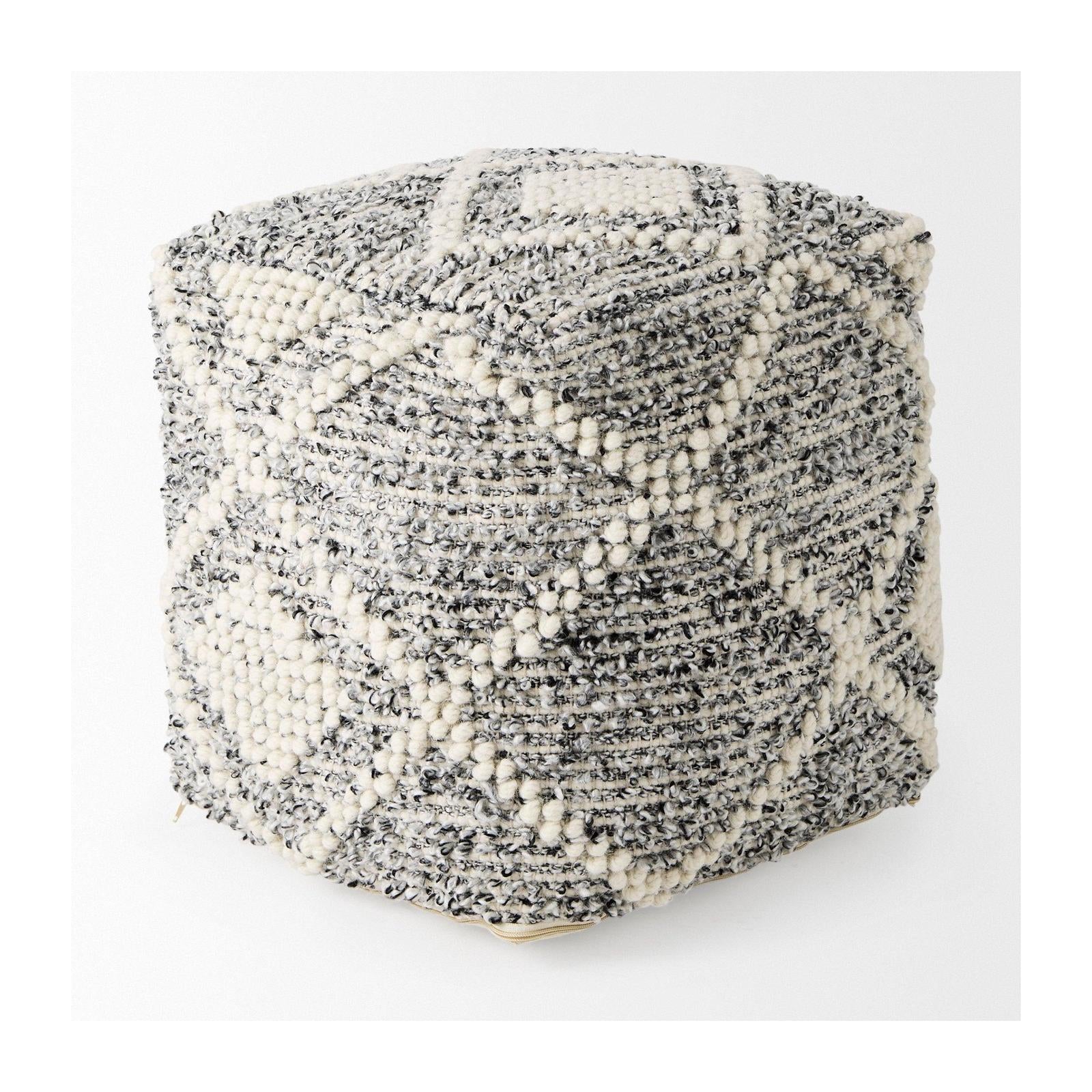Mercana Ekiya Black/White Yarn and Wool Patterened Pouf