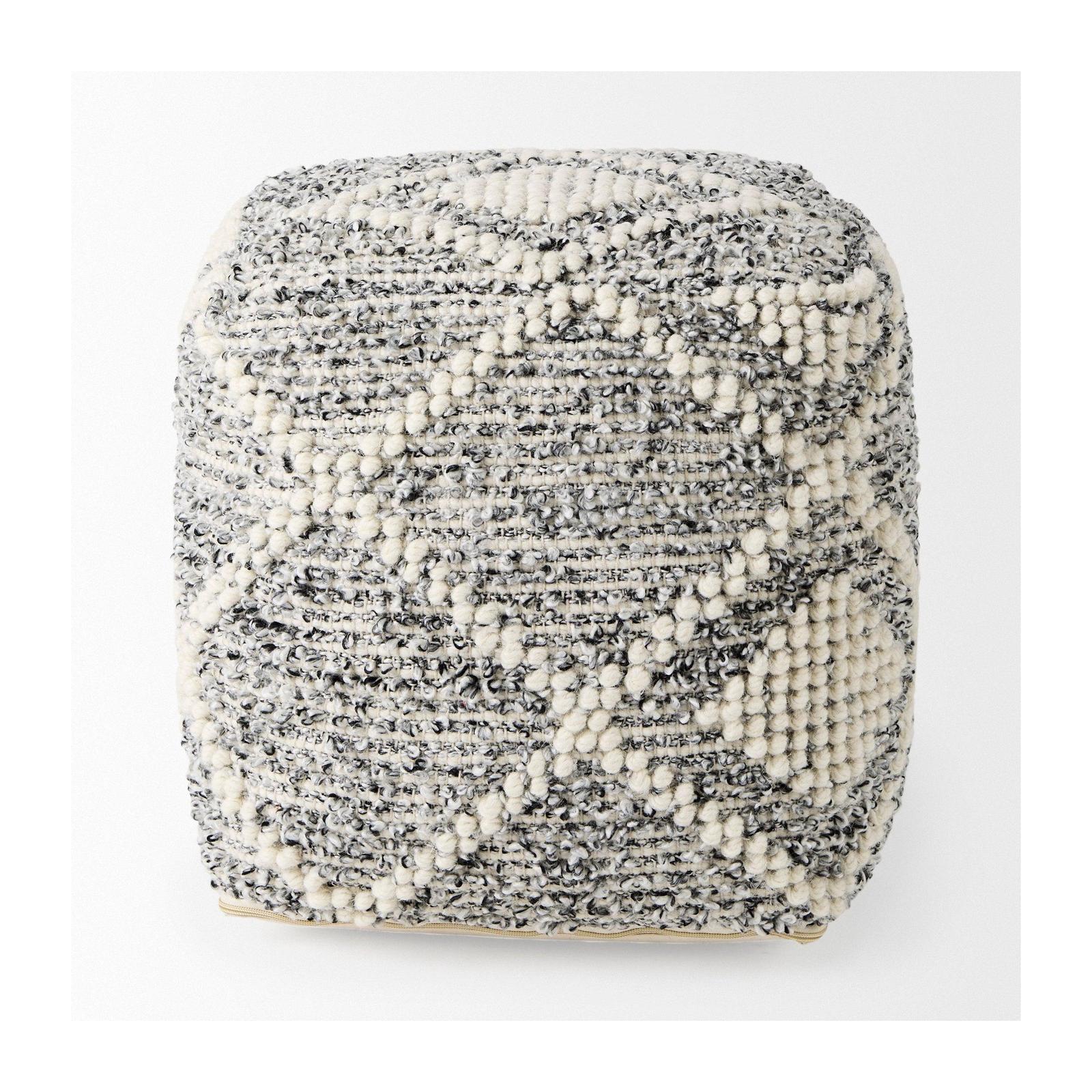 Mercana Ekiya Black/White Yarn and Wool Patterened Pouf