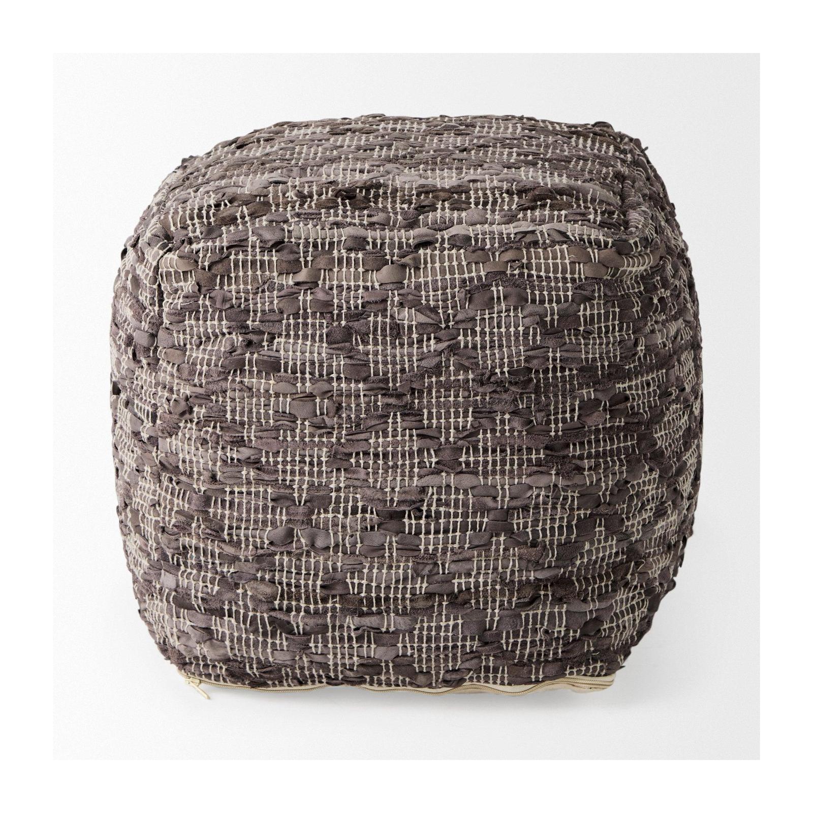 Mercana Falguni Gray Leather and Cotton Patterned Pouf Clearance
