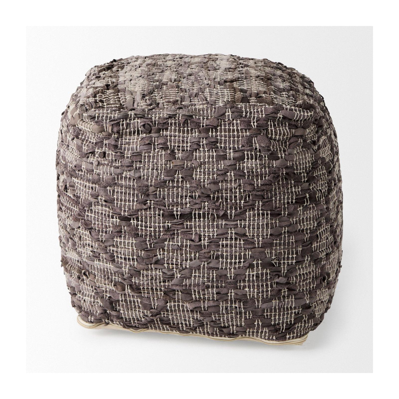 Mercana Falguni Gray Leather and Cotton Patterned Pouf Clearance