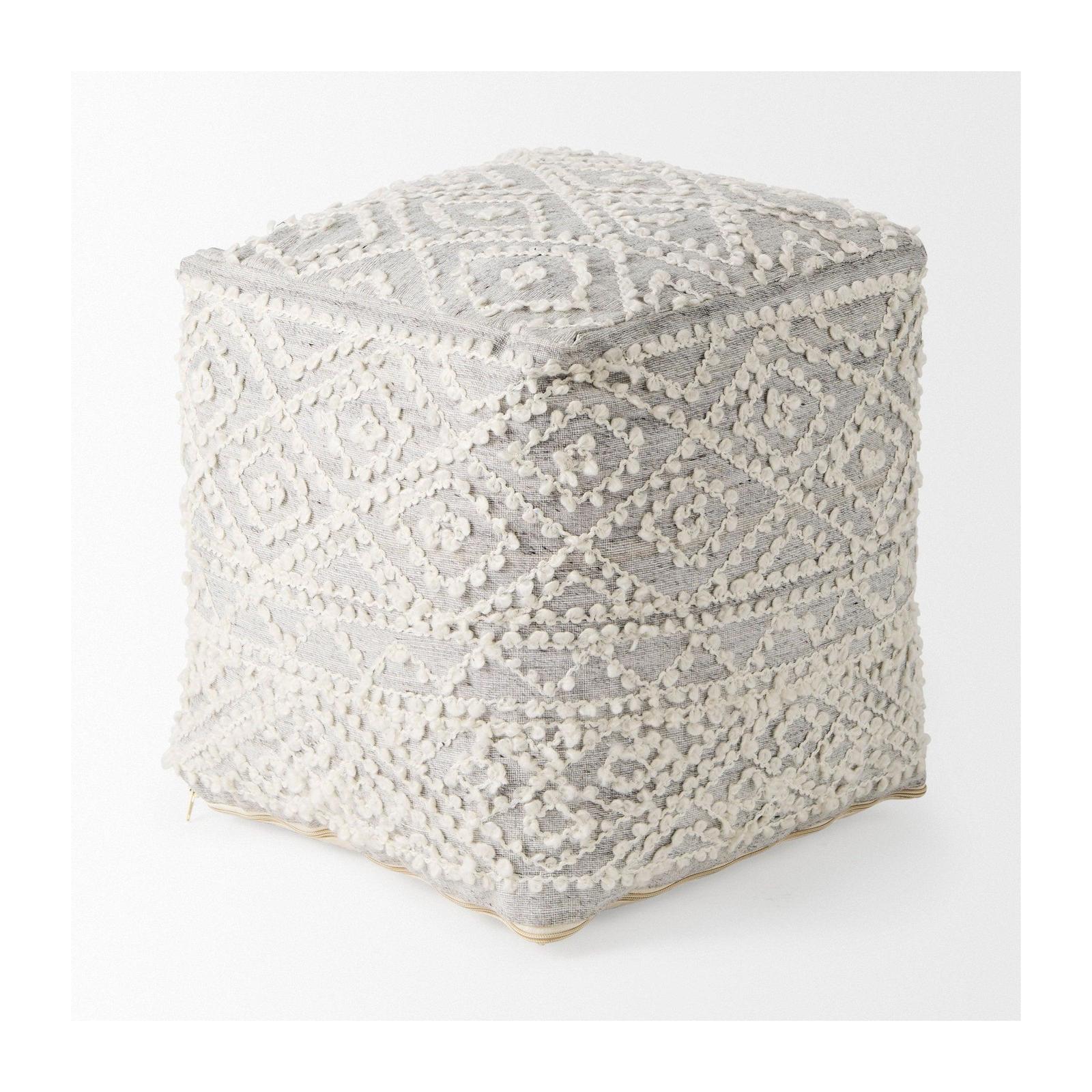 Mercana Farida Light Gray Wool and Polyester Patterned Pouf