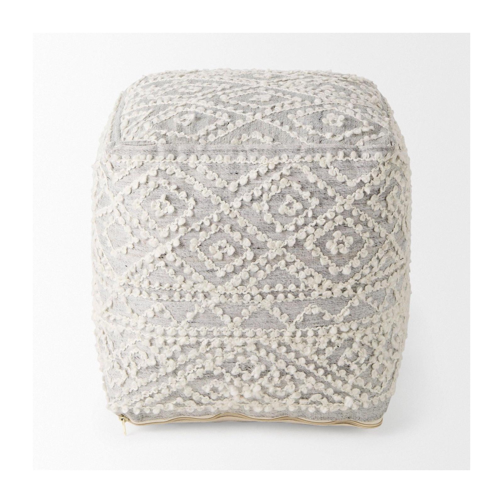 Mercana Farida Light Gray Wool and Polyester Patterned Pouf