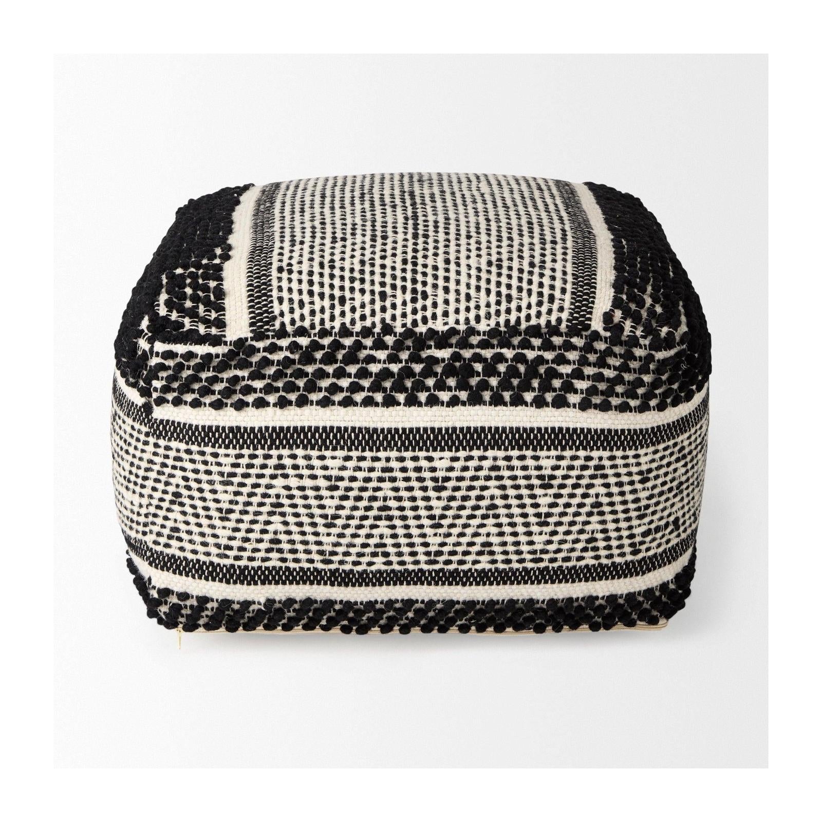 Mercana Garima Black/White Wool and Cotton Patterned Pouf Clearance