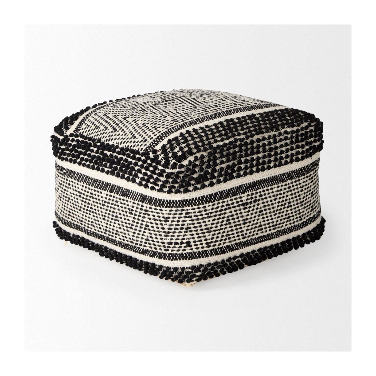 Mercana Garima Black/White Wool and Cotton Patterned Pouf Clearance