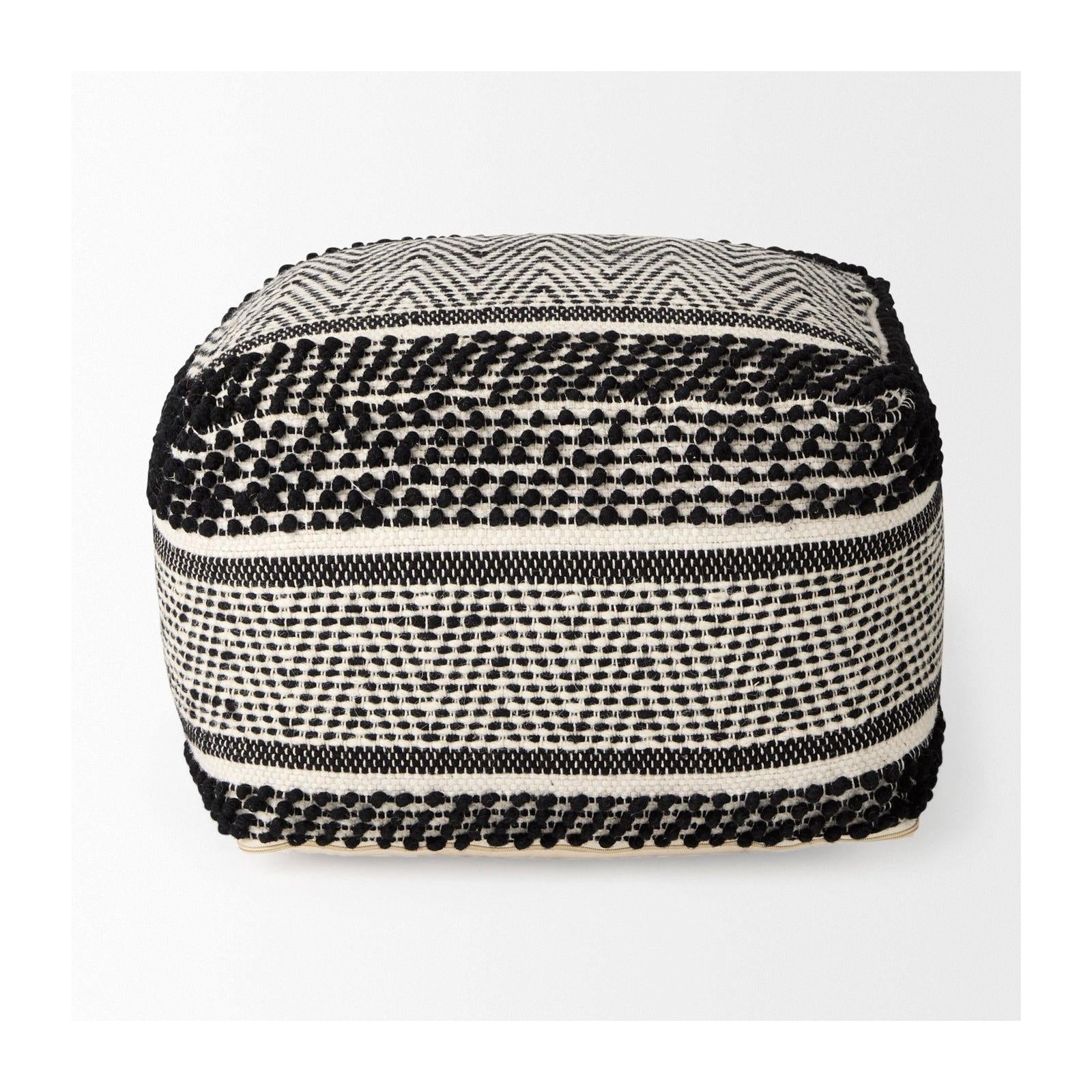 Mercana Garima Black/White Wool and Cotton Patterned Pouf Clearance