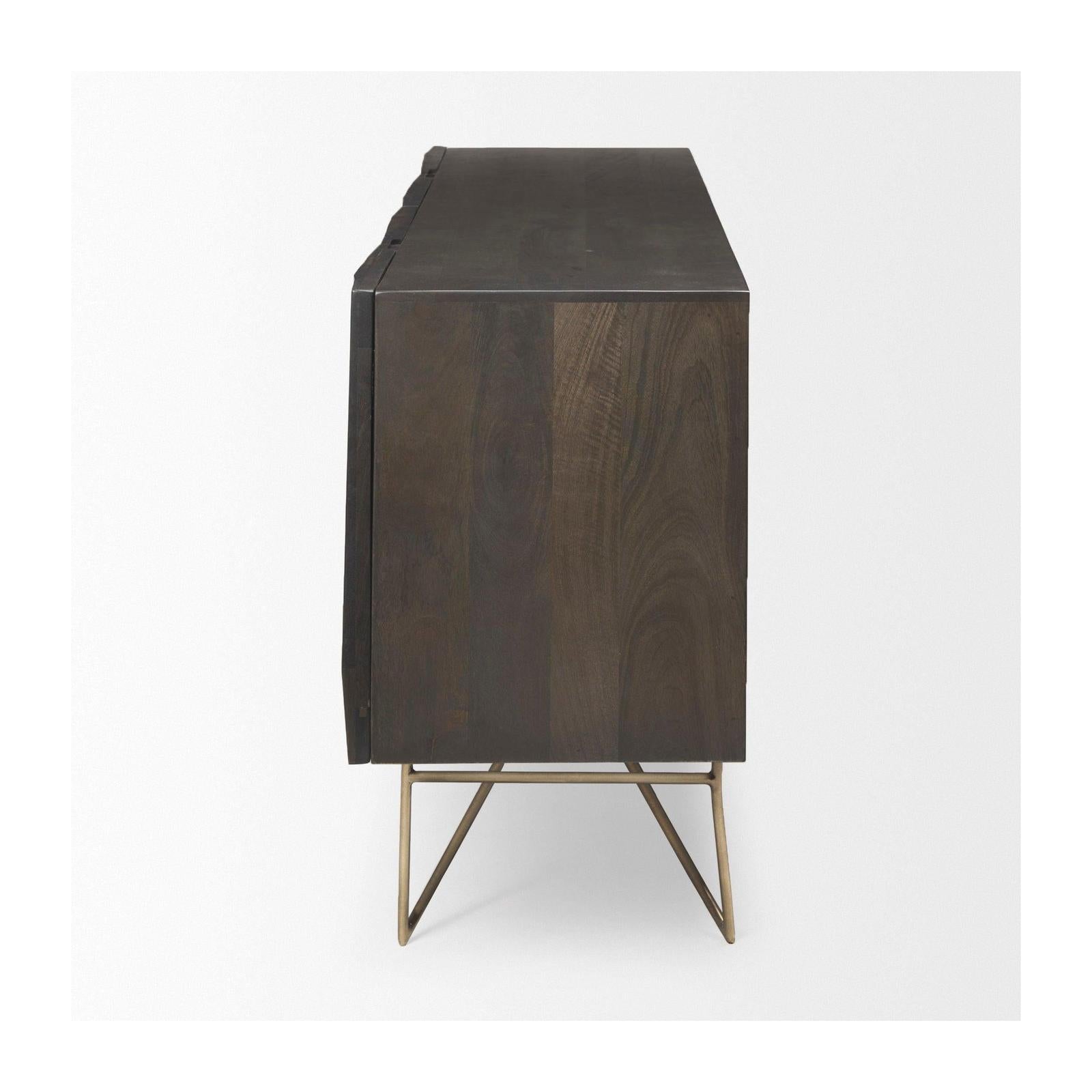 Mercana Darwin Brown Solid Wood Gold Metal Base 4 Cabinet Door Sideboard