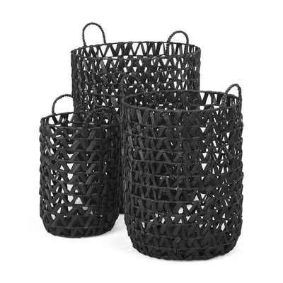 Mercana Lola Black Water Hyacinth Zig Zag Weave Round Basket W/ Handles - Set of 3 Clearance