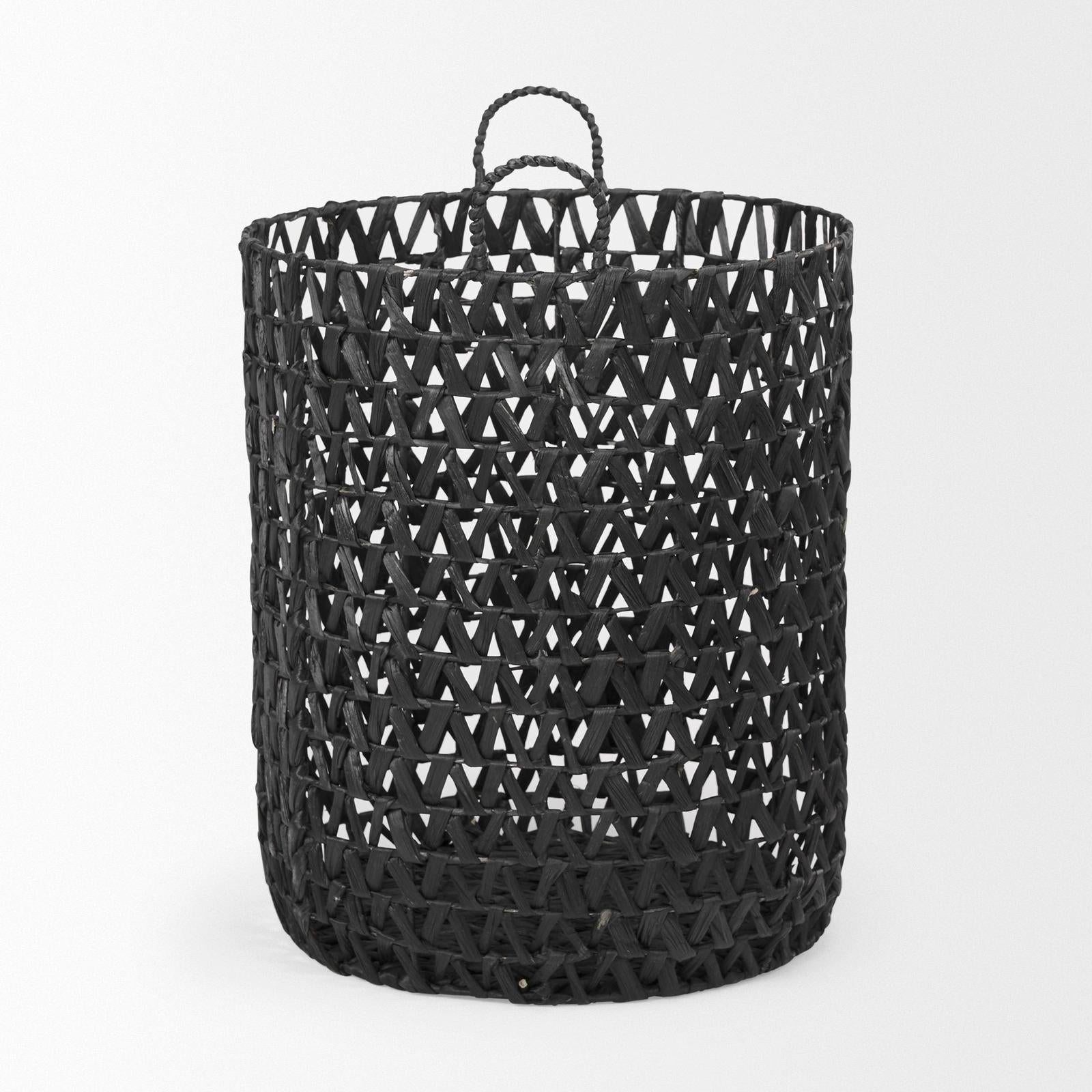 Mercana Lola Black Water Hyacinth Zig Zag Weave Round Basket W/ Handles - Set of 3 Clearance