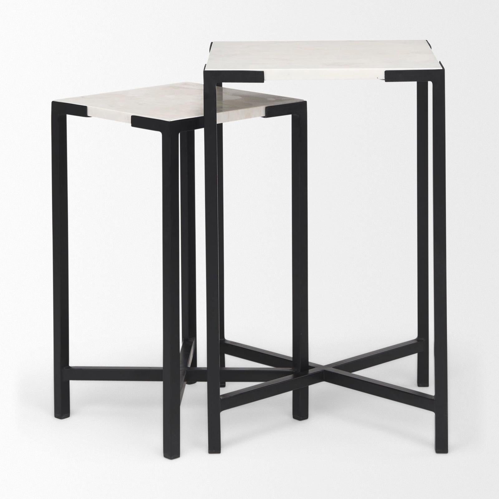 Mercana Lucas White Marble W/Black Iron Frame Accent Tables- Set of 2