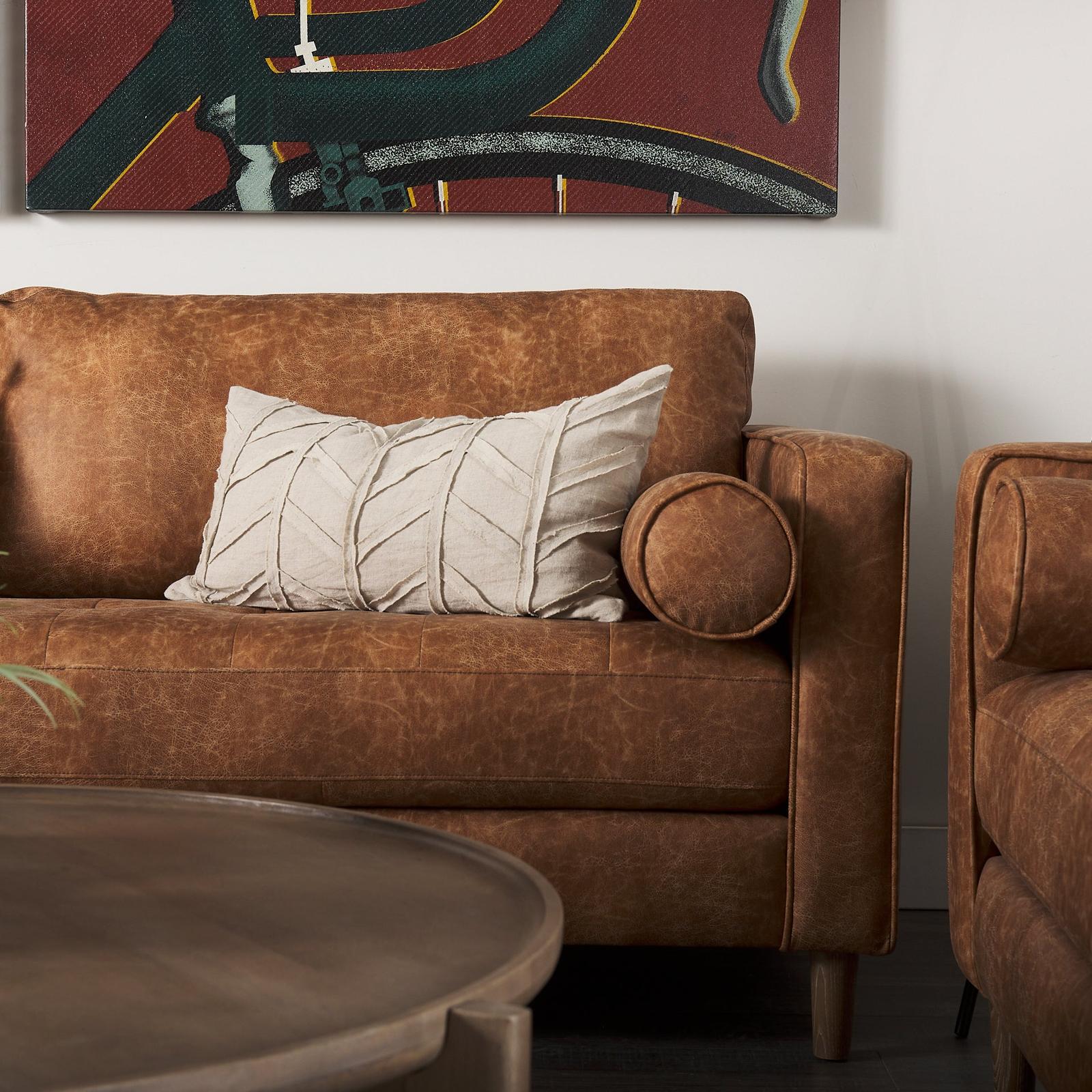 Mercana Loretta Cognac Brown Faux Leather 3- Seater Sofa with Two Bolster Cushions Clearance