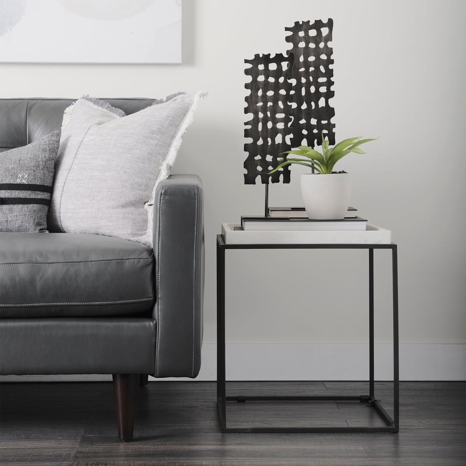 Mercana Nathan Square Top White Marble and Black Metal End/Side Table Clearance