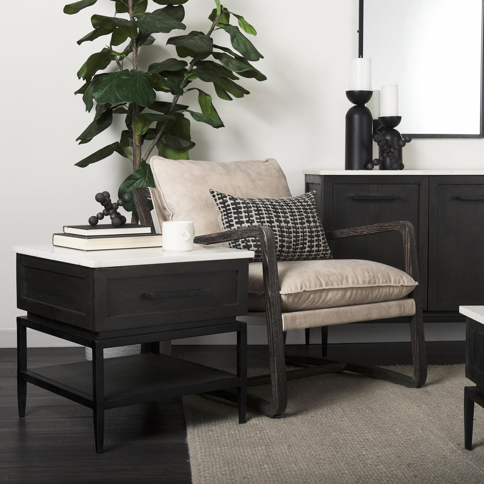 Mercana Divina Black-Brown Wood w/ White Marble Top and Black Metal Base 1 Drawer Side Table