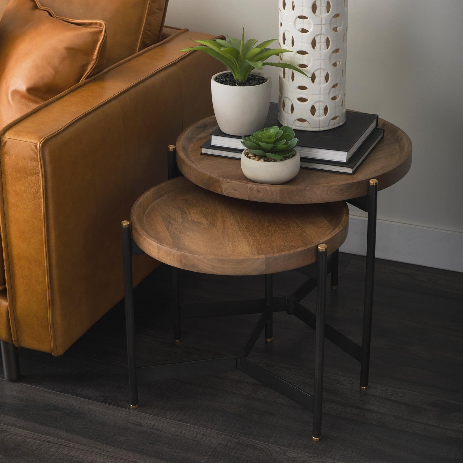 Mercana Marquisa Light Brown Wood W/ Black Metal Base Nesting Side Tables- Set of 2