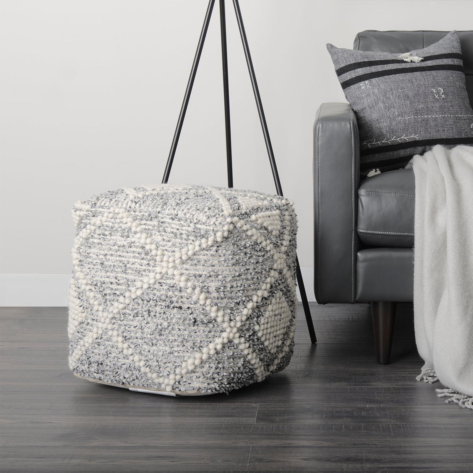 Mercana Ekiya Black/White Yarn and Wool Patterened Pouf