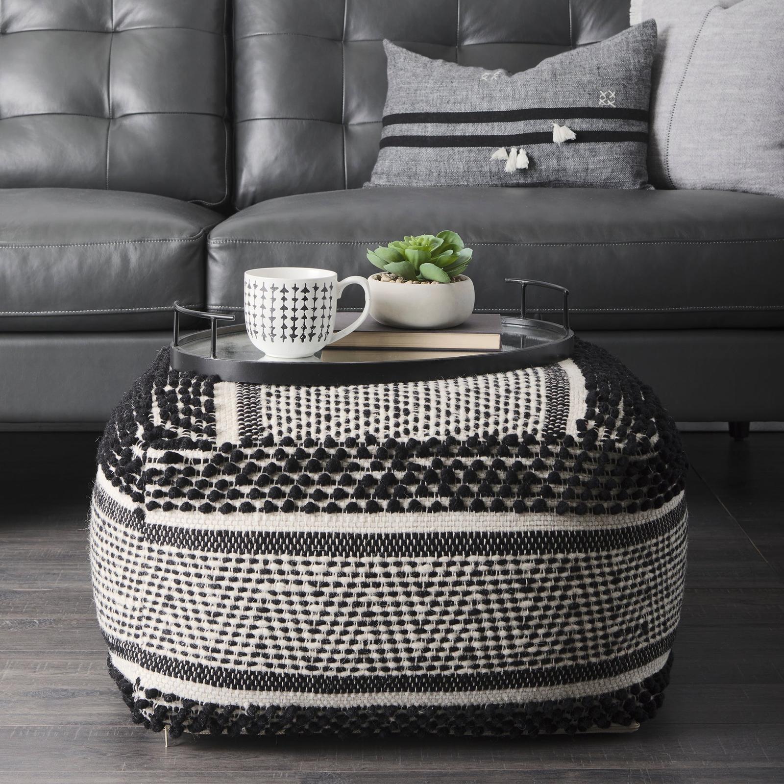 Mercana Garima Black/White Wool and Cotton Patterned Pouf Clearance