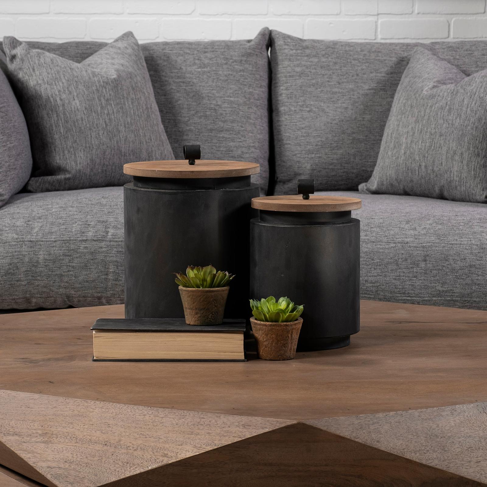 Mercana Cyril Gray Metal W/ Brown Wood Lids Jars- Set of 2
