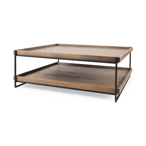 Mercana Trey Rectangular Brown Solid Wood Top Table Black Metal Frame Two-Tier Coffee Table