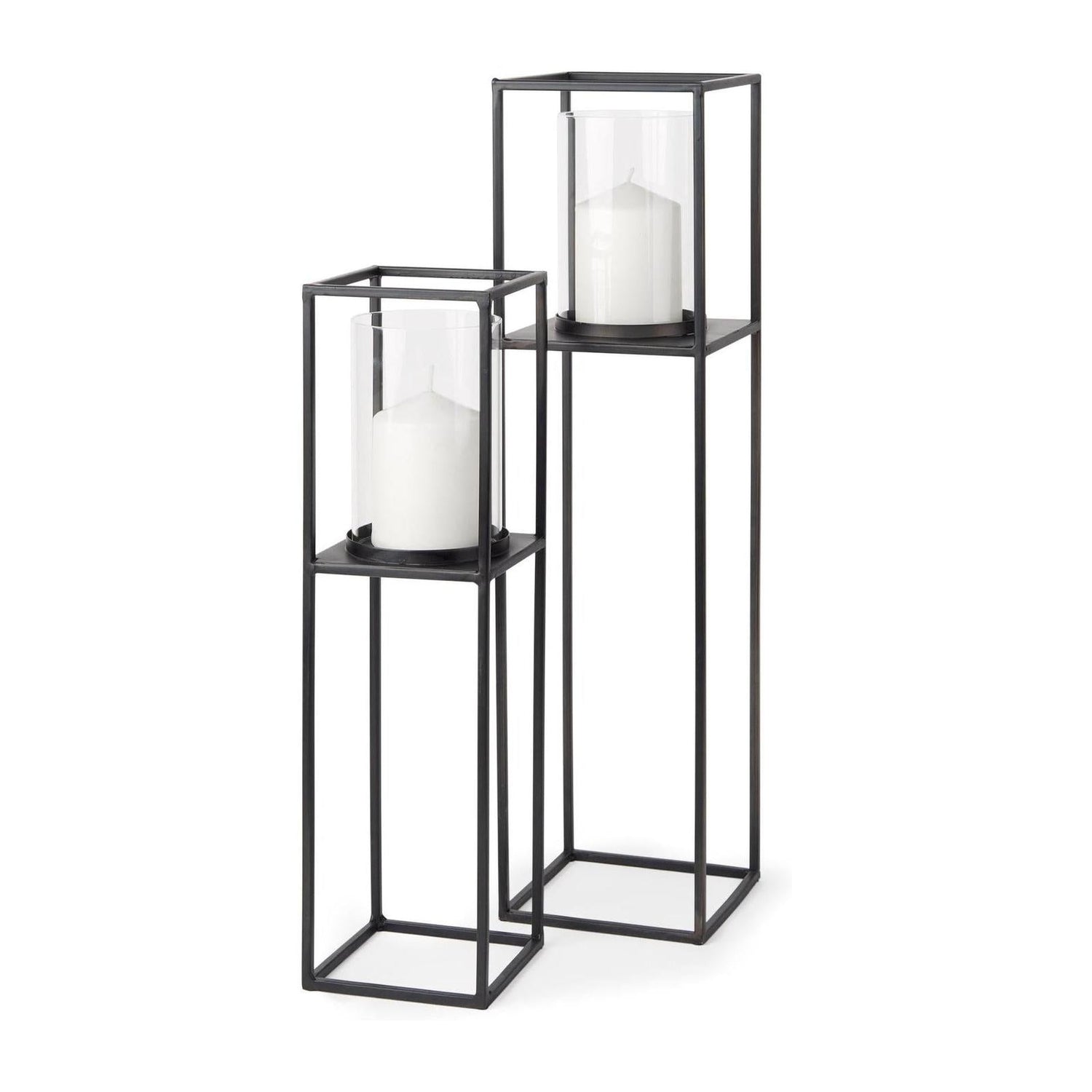 Mercana Cindy Matte Black Metal and Hurricane Glass Pillar Tabletop Candle Holders- Set of 2 Clearance