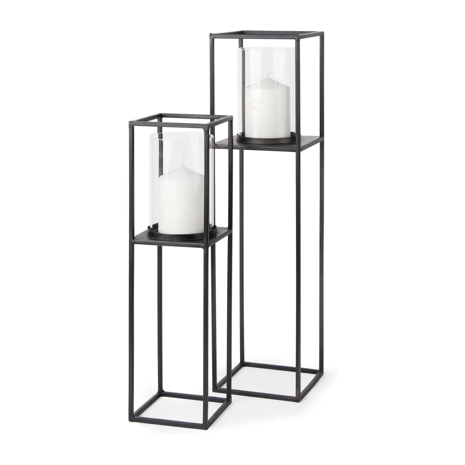 Mercana Cindy Matte Black Metal and Hurricane Glass Pillar Tabletop Candle Holders- Set of 2 Clearance