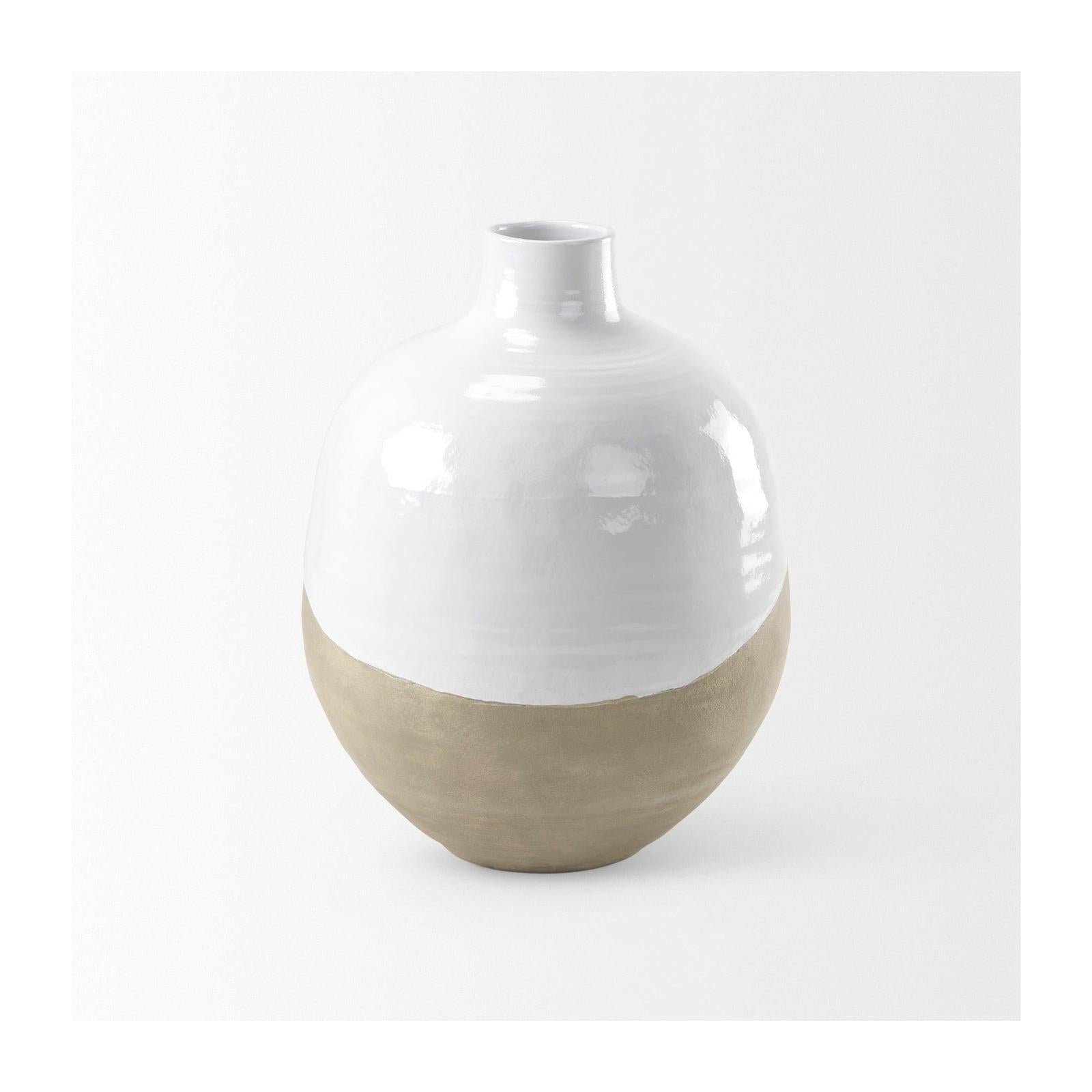 Mercana Amos White and Dark Beige Color Blocked Ceramic Floor Vase