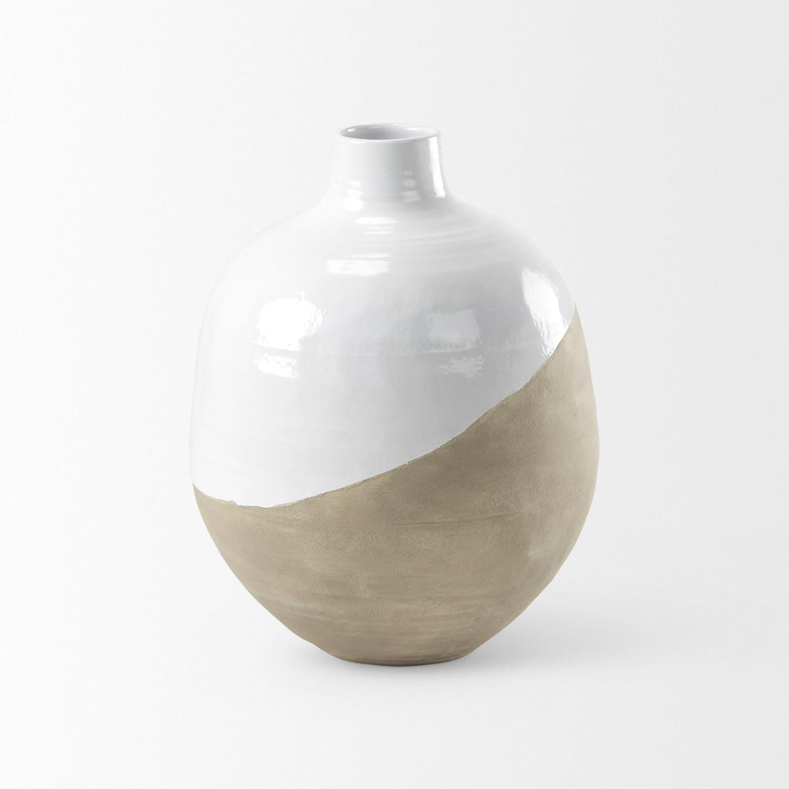 Mercana Amos White and Dark Beige Color Blocked Ceramic Floor Vase