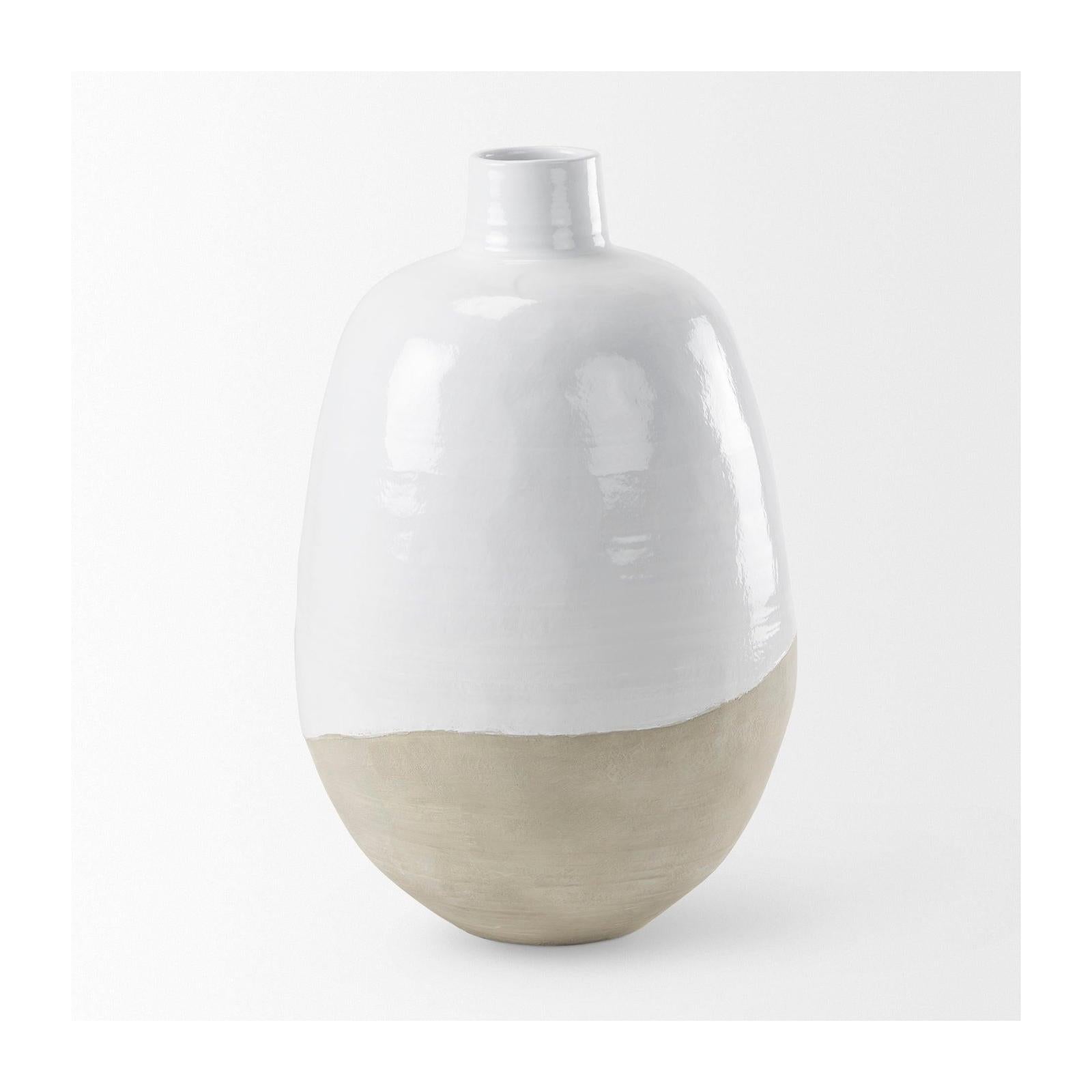 Mercana Amos White and Dark Beige Color Blocked Ceramic Floor Vase