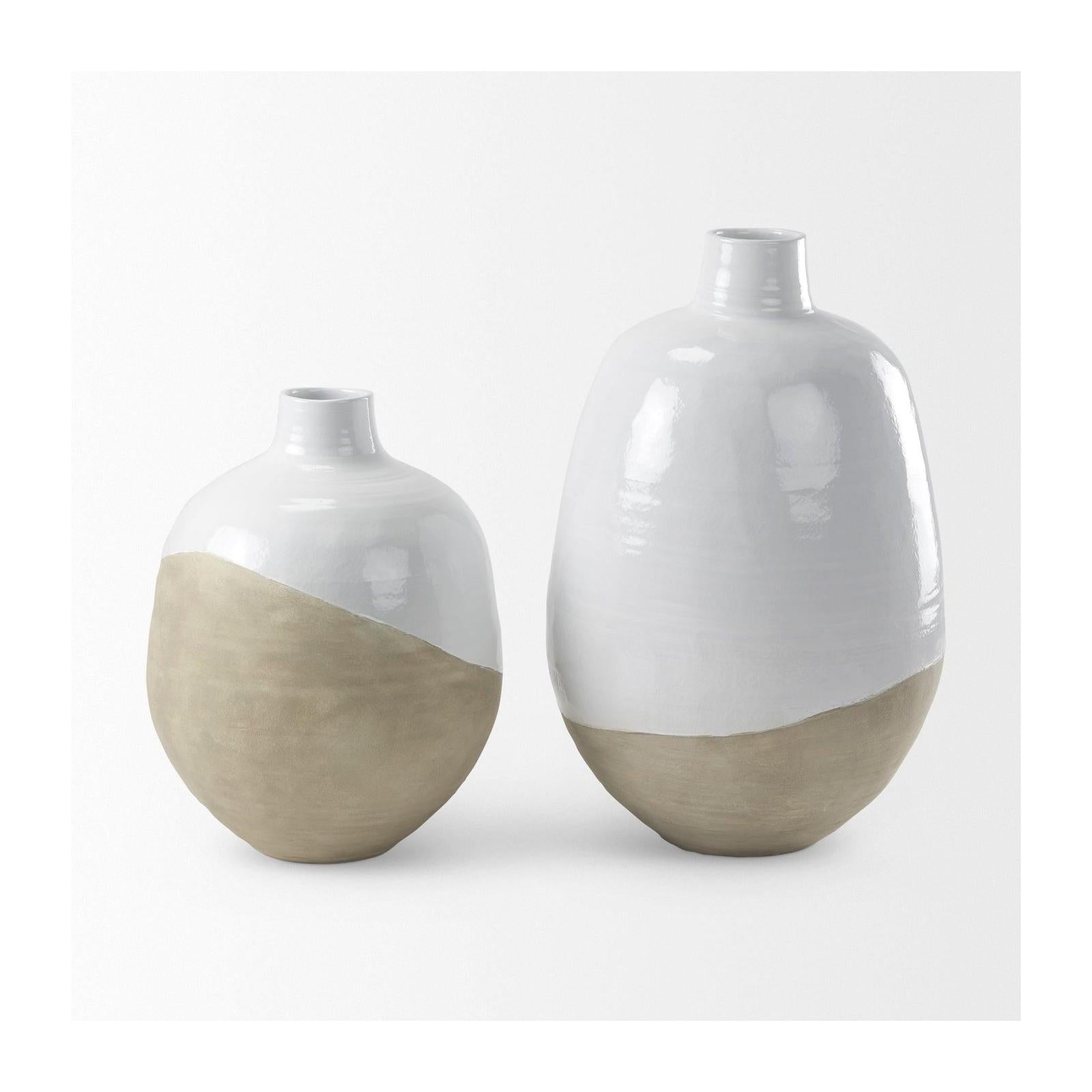 Mercana Amos White and Dark Beige Color Blocked Ceramic Floor Vase