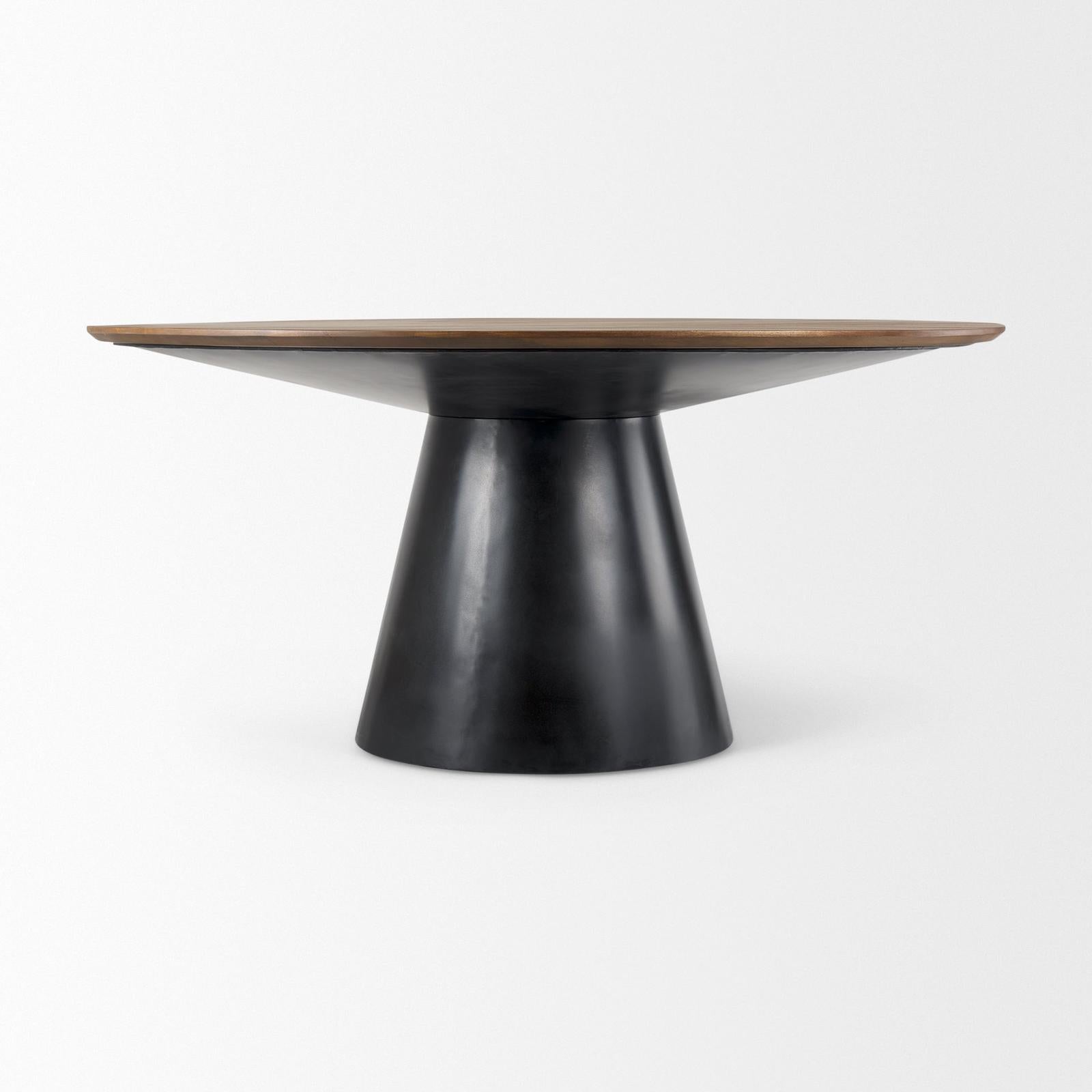 Mercana Mitchell Black Metal Pedestal Base with Brown Wood Top Dining Table Clearance
