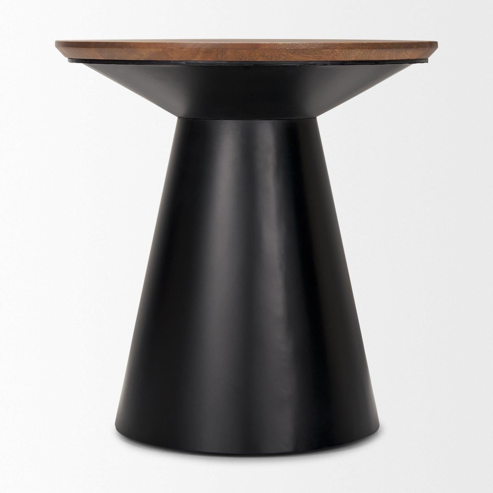 Mercana Mitchell Black Metal Pedetal Base with Brown Wood Top Side Table