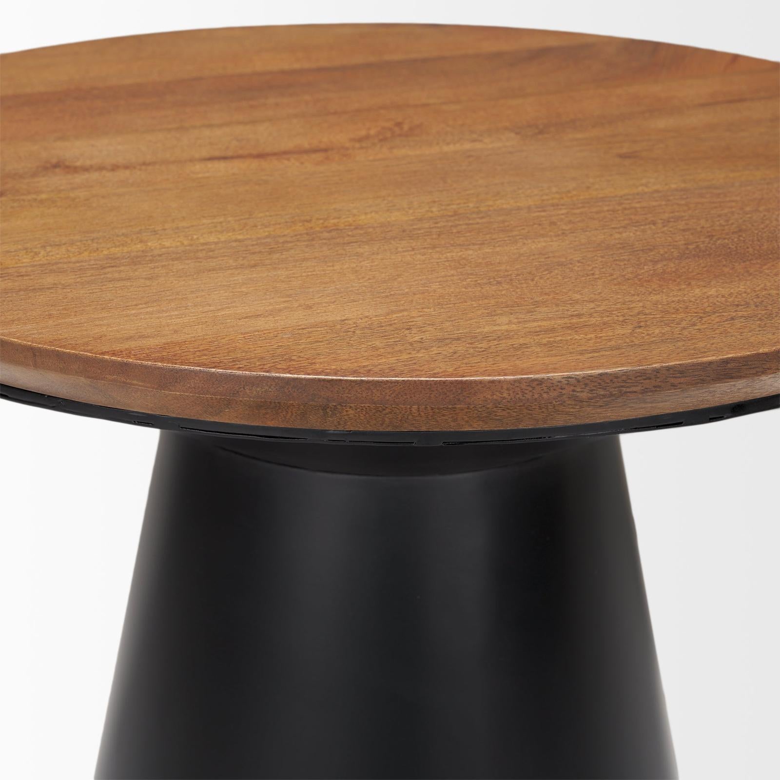 Mercana Mitchell Black Metal Pedetal Base with Brown Wood Top Side Table