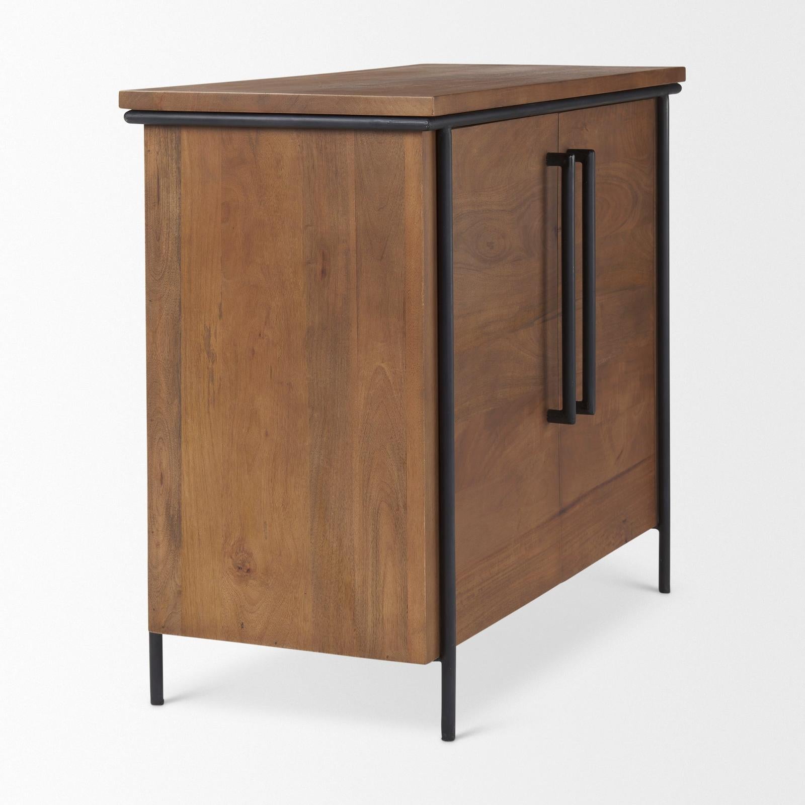 Mercana Maddox Brown Solid Wood Black Metal 2 Door Accent Cabinet
