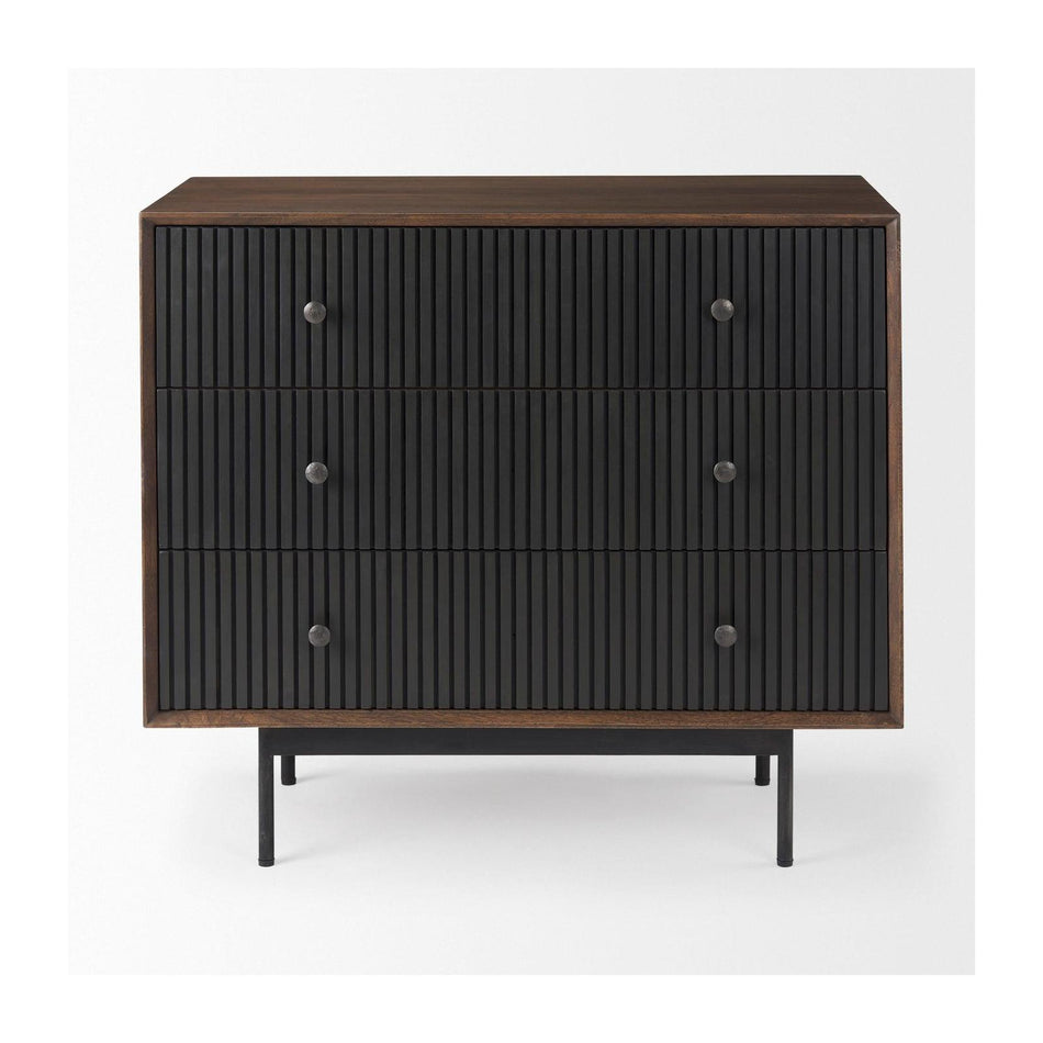Mercana Grace Medium Brown Wood W/Black Metal Frame 3 Drawer Accent Cabinet