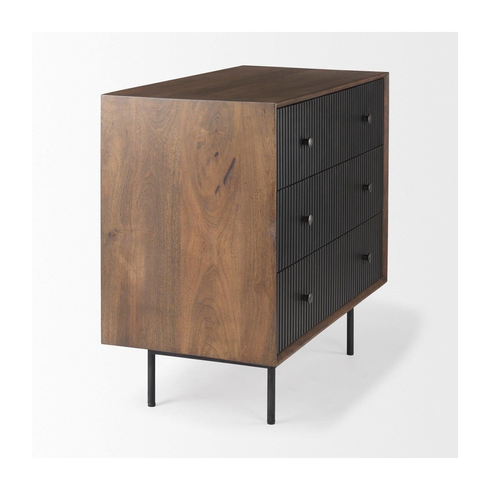 Mercana Grace Medium Brown Wood W/Black Metal Frame 3 Drawer Accent Cabinet