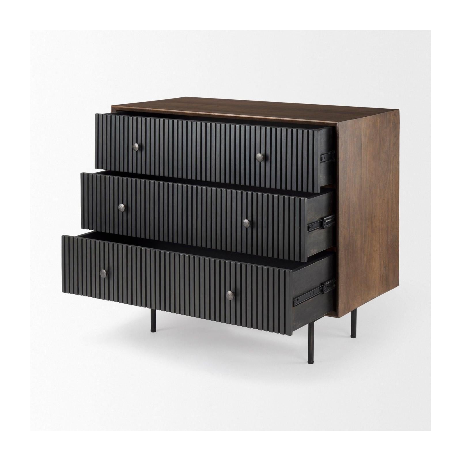 Mercana Grace Medium Brown Wood W/Black Metal Frame 3 Drawer Accent Cabinet