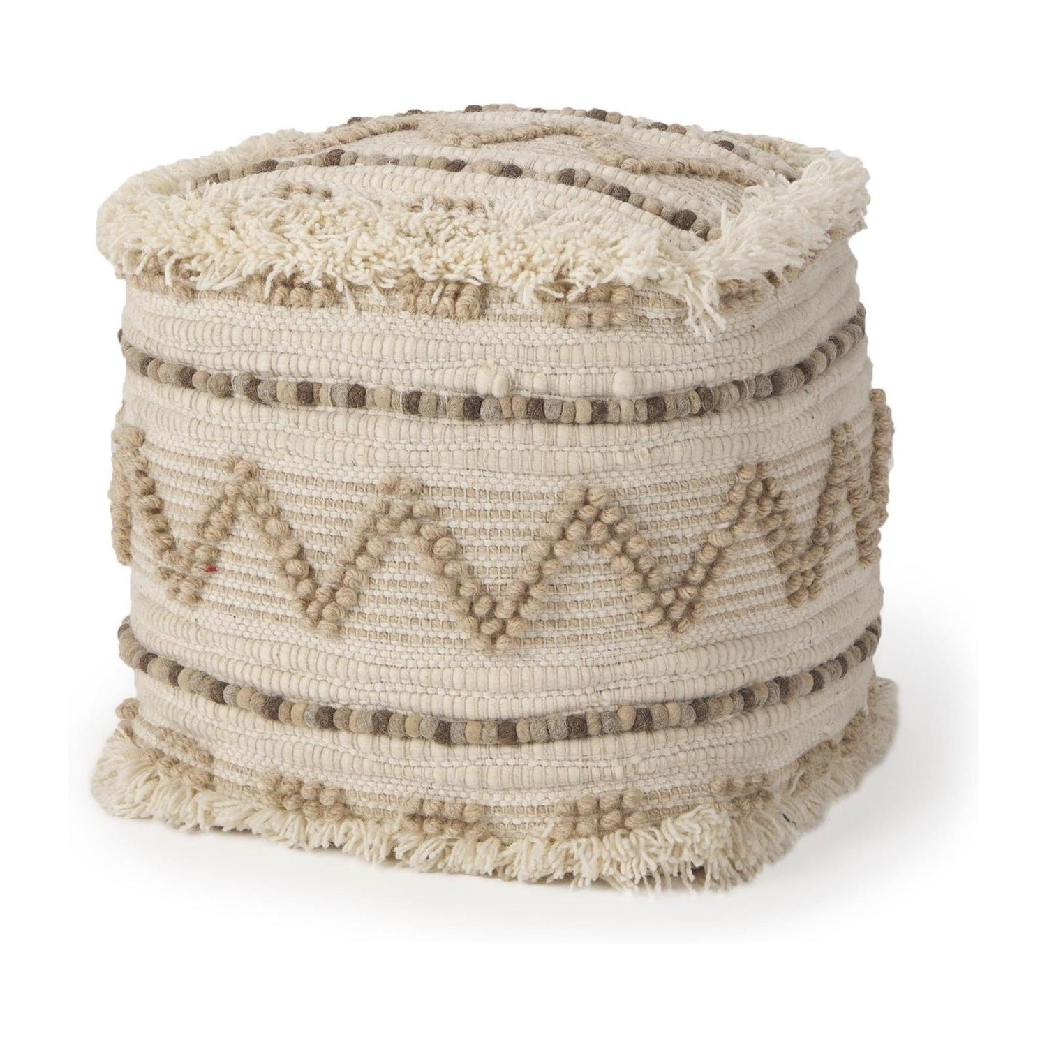 Mercana Caela Beige/Brown Wool, Cotton and Felt Popcorn Stitch Square Pouf Clearance