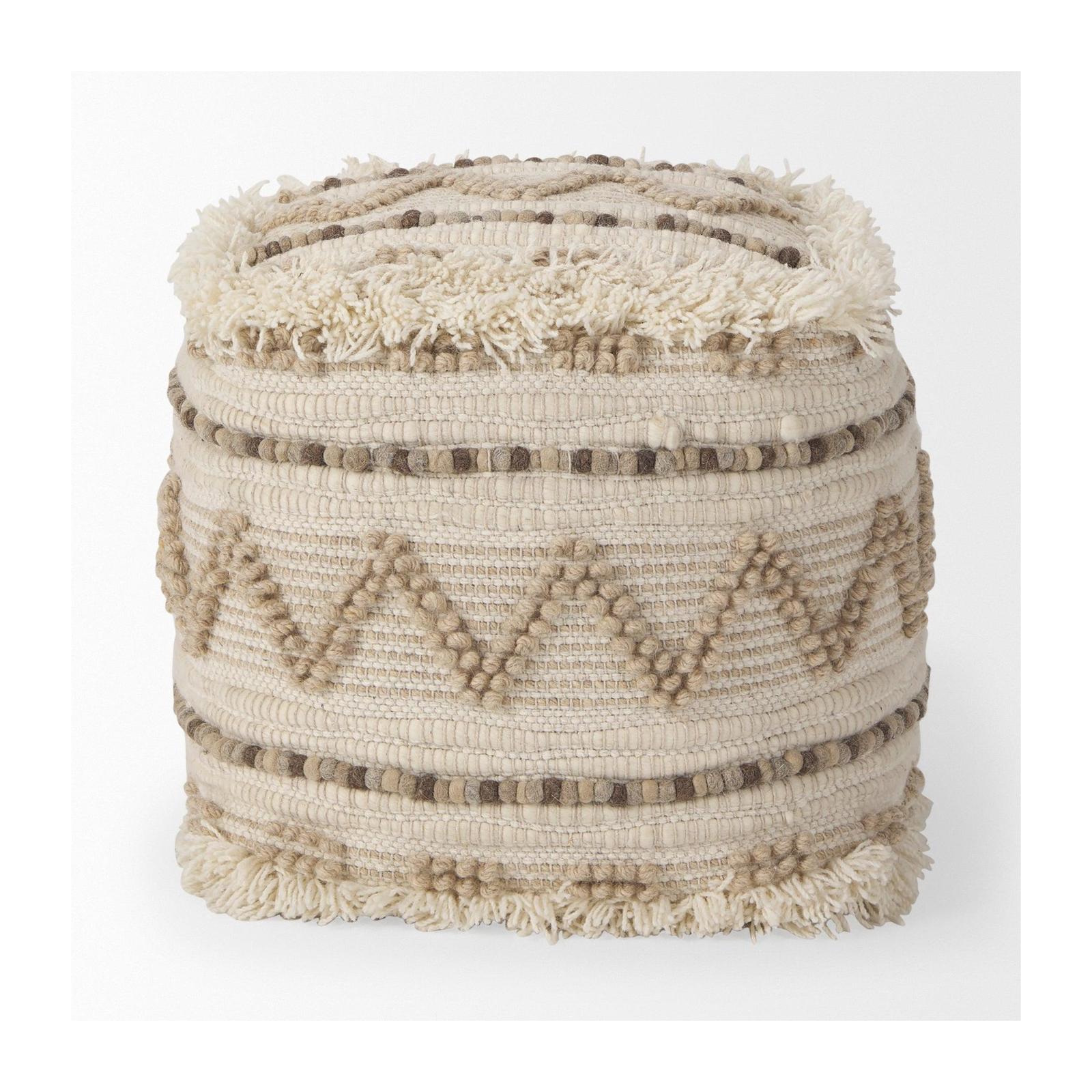 Mercana Caela Beige/Brown Wool, Cotton and Felt Popcorn Stitch Square Pouf Clearance