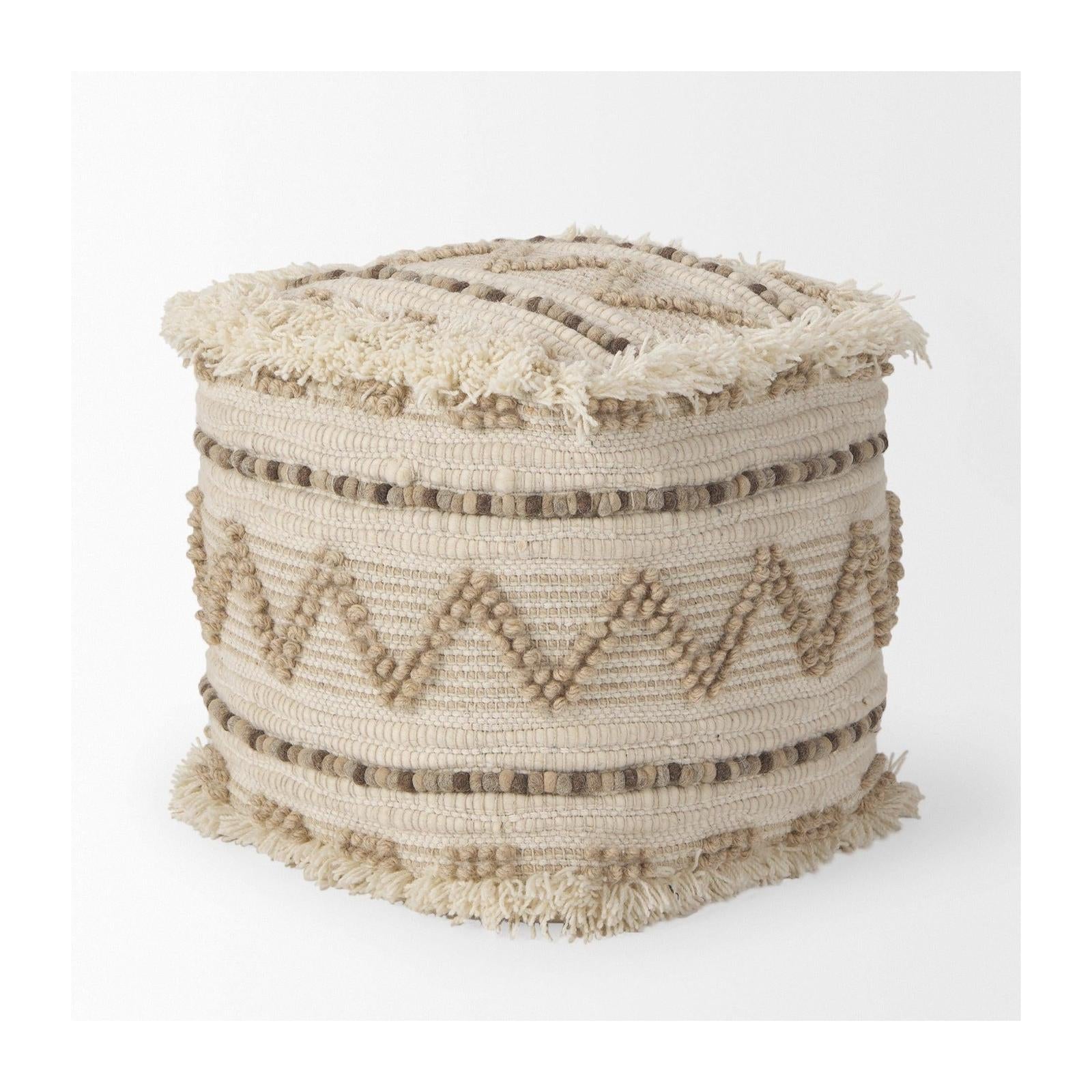 Mercana Caela Beige/Brown Wool, Cotton and Felt Popcorn Stitch Square Pouf Clearance