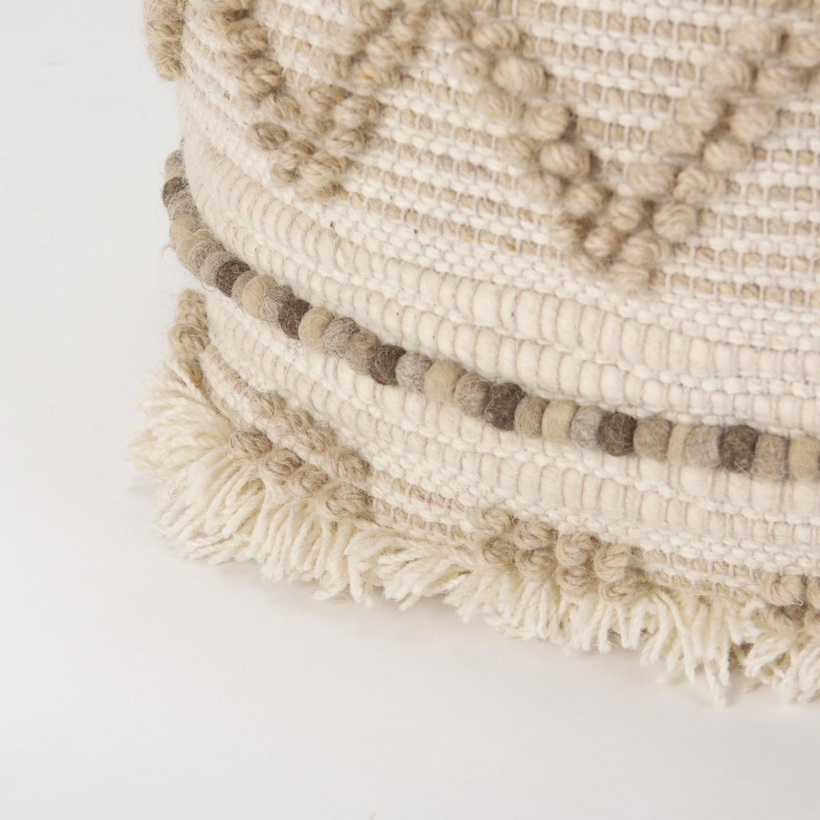 Mercana Caela Beige/Brown Wool, Cotton and Felt Popcorn Stitch Square Pouf Clearance