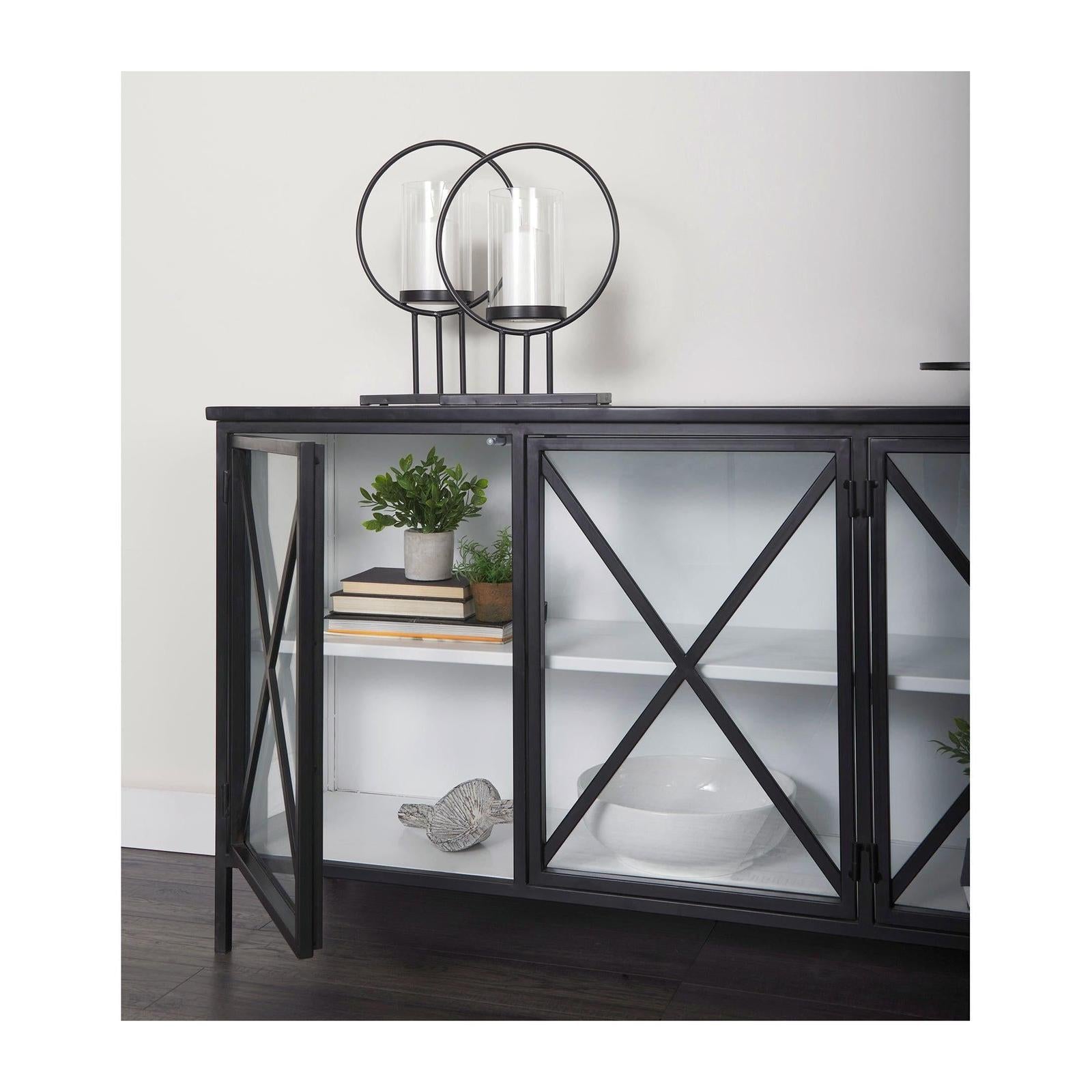 Mercana Aurelia Black and White Metal Four Door Glass Cabinet Buffet Clearance