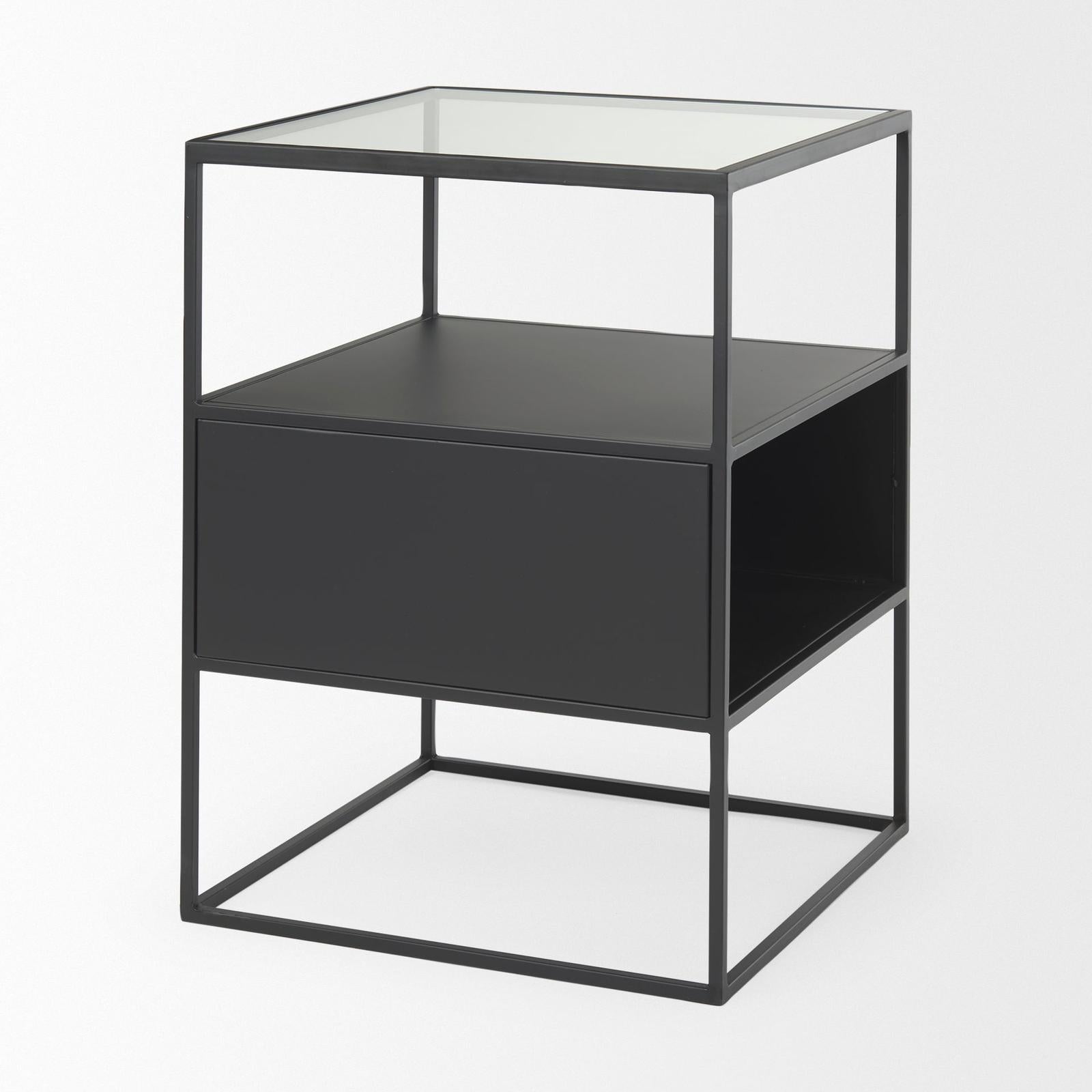 Mercana Samson Side Table Matte Black Metal and Glass