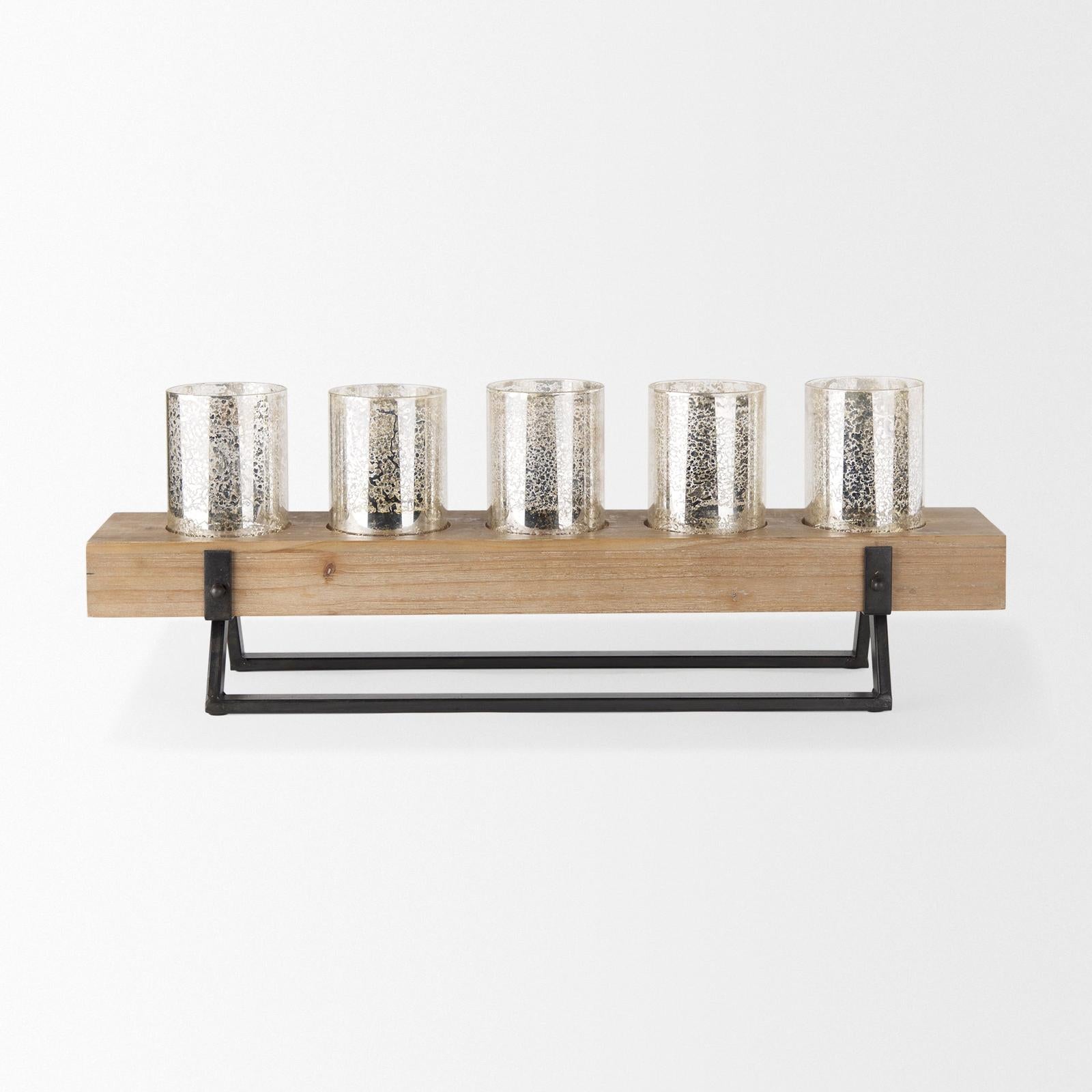 Mercana Benk Wood and Black Metal Five Cup Candle Holder Clearance