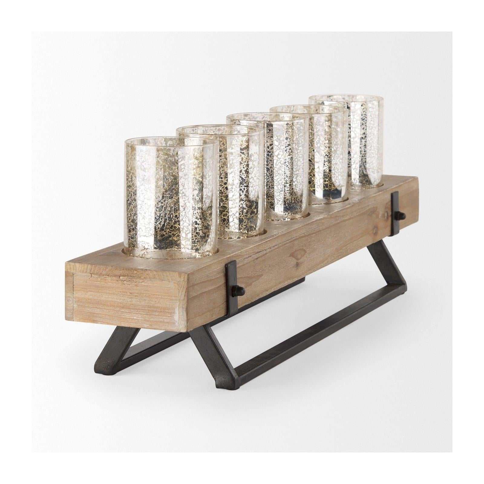 Mercana Benk Wood and Black Metal Five Cup Candle Holder Clearance