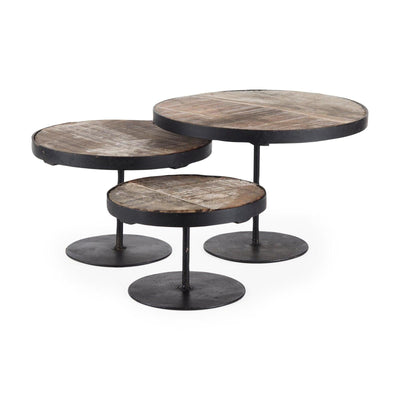 Mercana Lorenz Light Brown Wood W/ Black Metal Base Round Decorative Display Stands-Set of 3