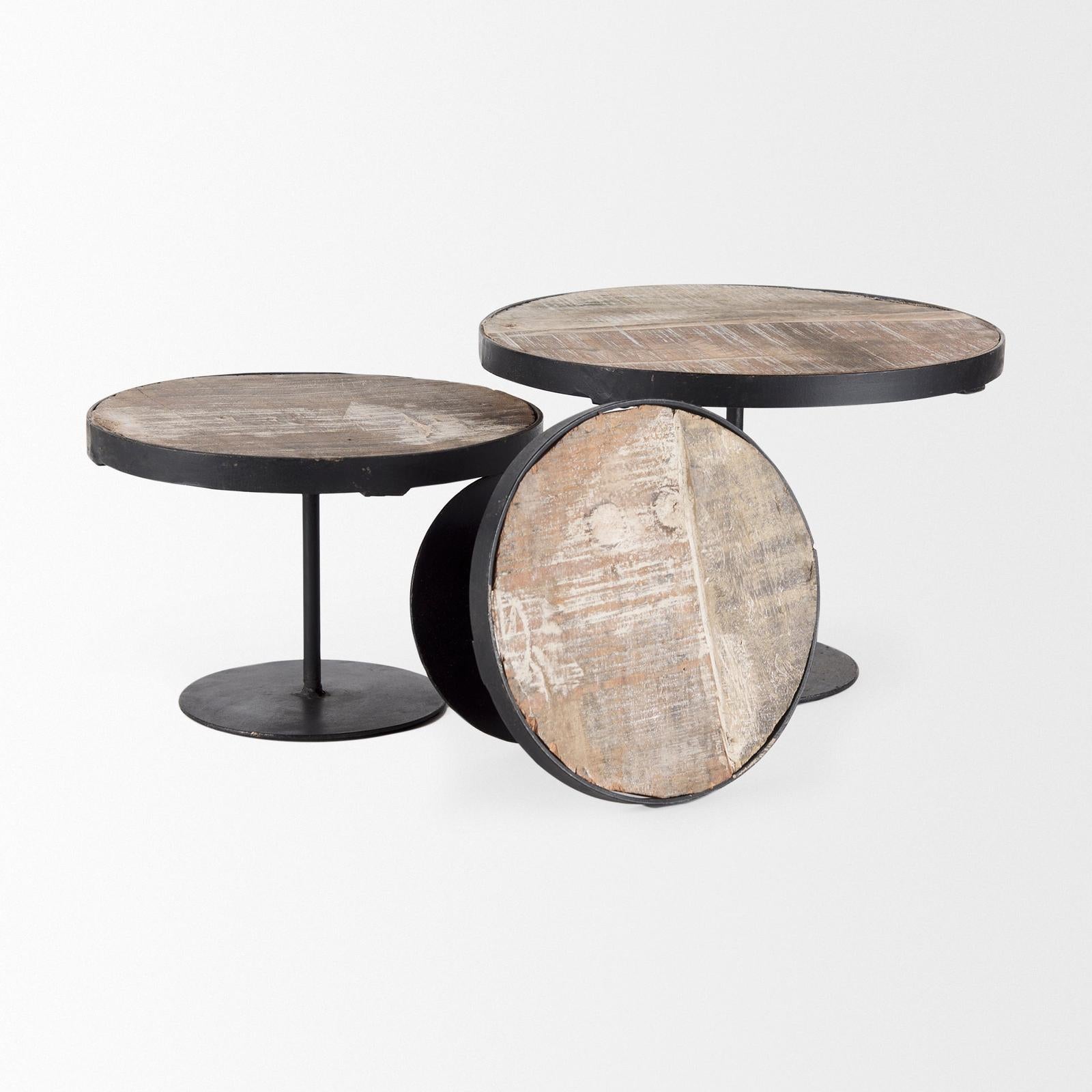 Mercana Lorenz Light Brown Wood W/ Black Metal Base Round Decorative Display Stands-Set of 3