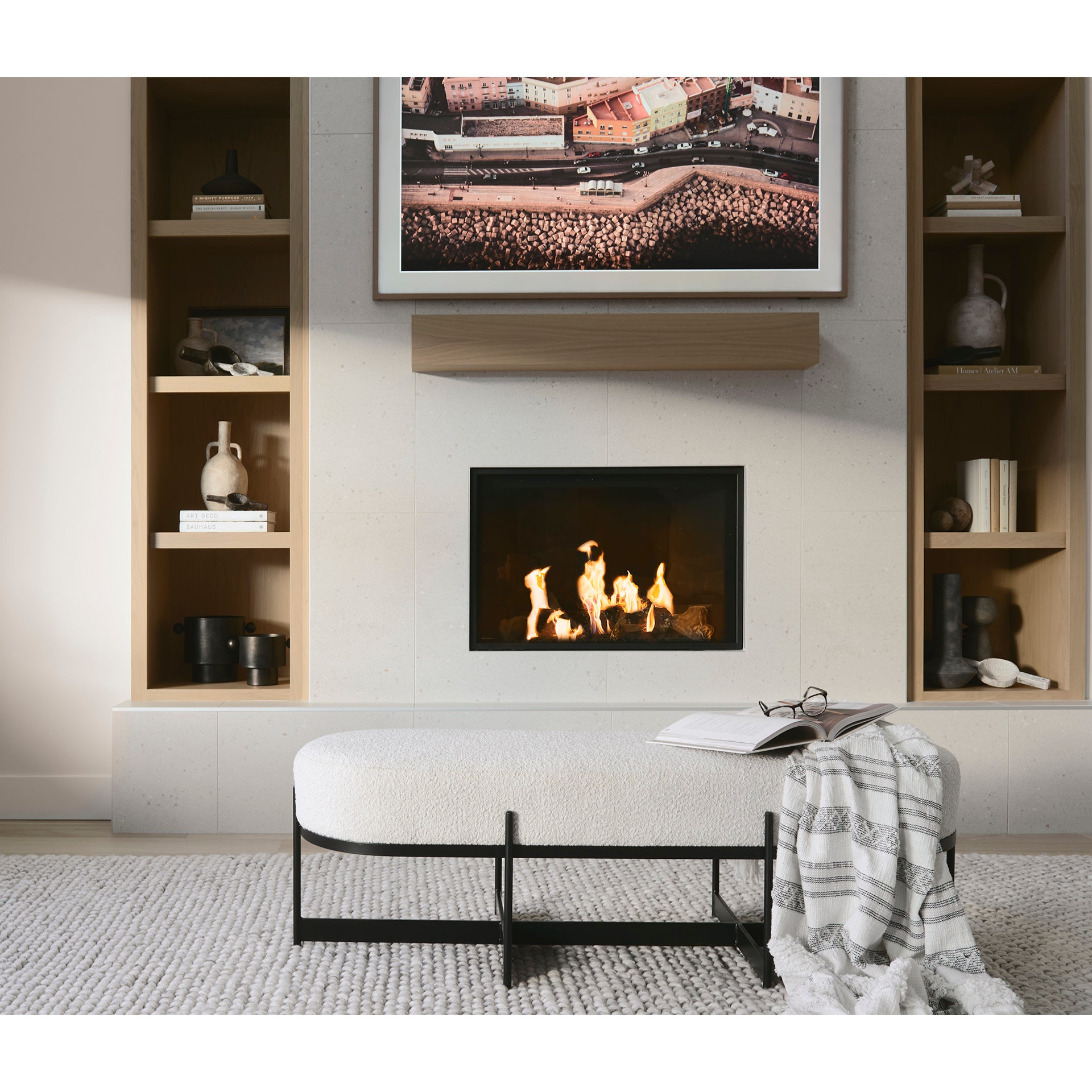 Mercana Amelia Cream Boucle W/Black Metal Upholstered Bench