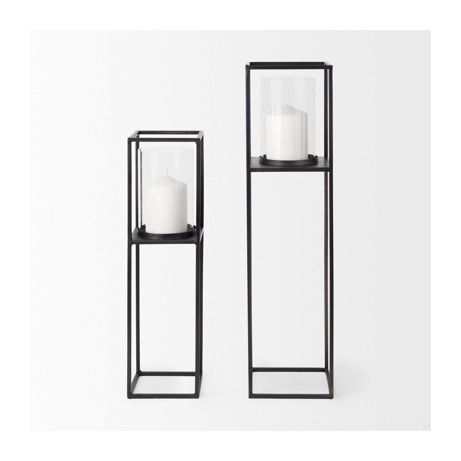 Mercana Cindy Matte Black Metal and Hurricane Glass Pillar Tabletop Candle Holders- Set of 2 Clearance