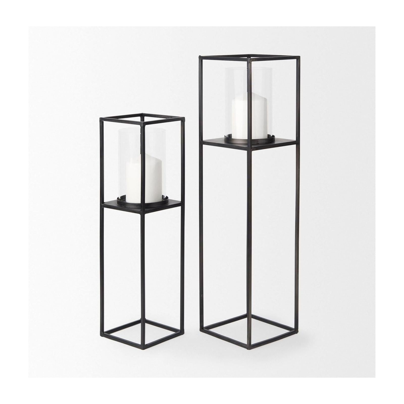 Mercana Cindy Matte Black Metal and Hurricane Glass Pillar Tabletop Candle Holders- Set of 2 Clearance