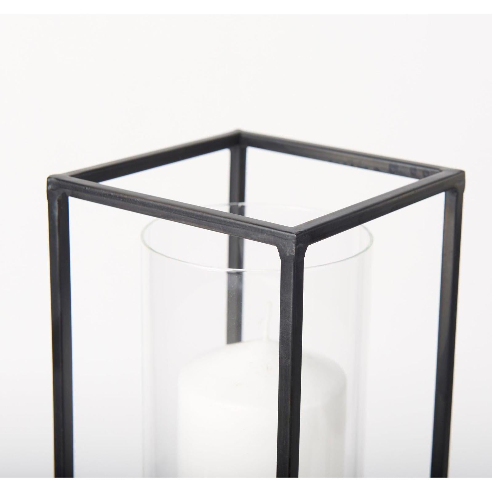 Mercana Cindy Matte Black Metal and Hurricane Glass Pillar Tabletop Candle Holders- Set of 2 Clearance