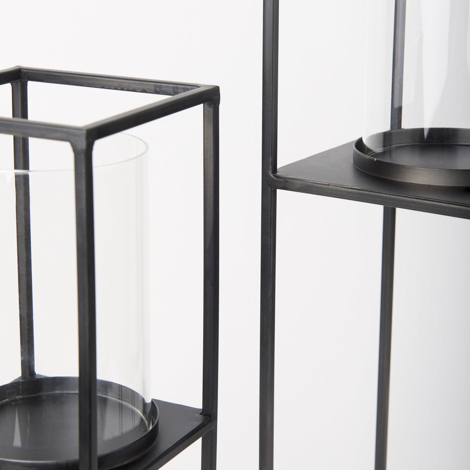 Mercana Cindy Matte Black Metal and Hurricane Glass Pillar Tabletop Candle Holders- Set of 2 Clearance