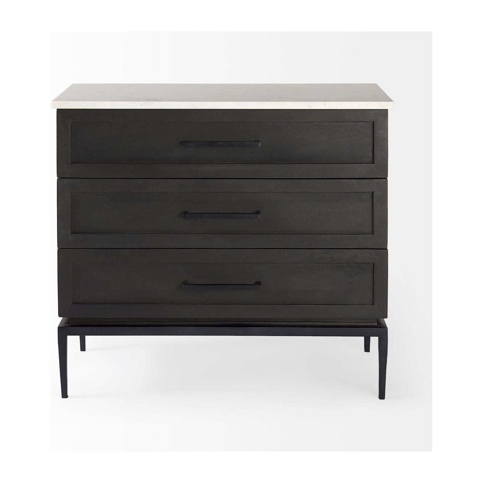 Mercana Divina Black-Brown Wood w/ White Marble Top and Black Metal Base Accent Cabinet